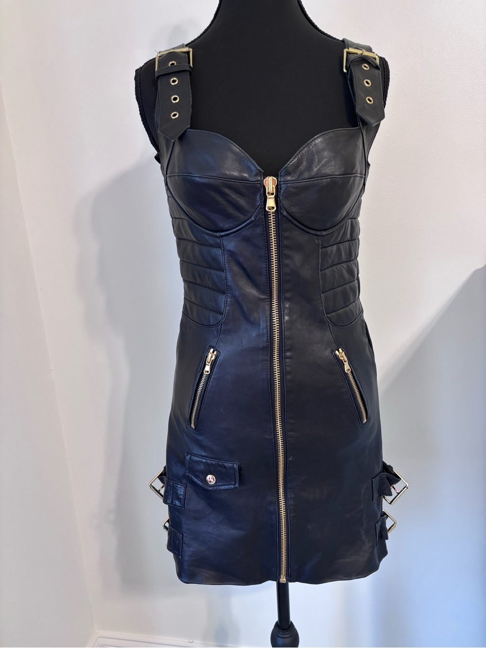 H&M x MOSCHINO Black Nappa Leather Bustier Mini Dress Gold Zip Size 6 EU38 moto